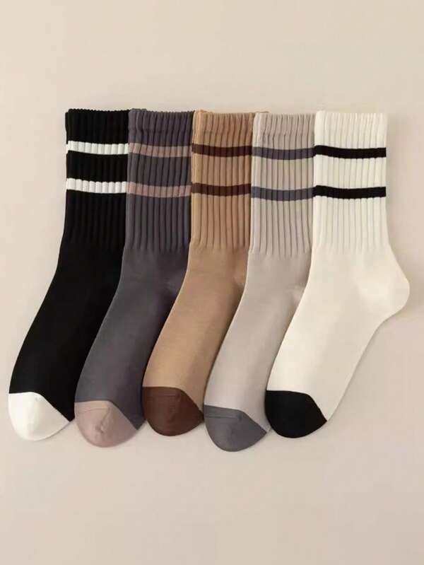 5 Paar gestreifte Socken, Herren weiße Socken bis zur Mitte des Knöchels, feuchtigkeitsableitend, geruchshemmend, Lässig, koreanischer Stil Lange Sportsocken