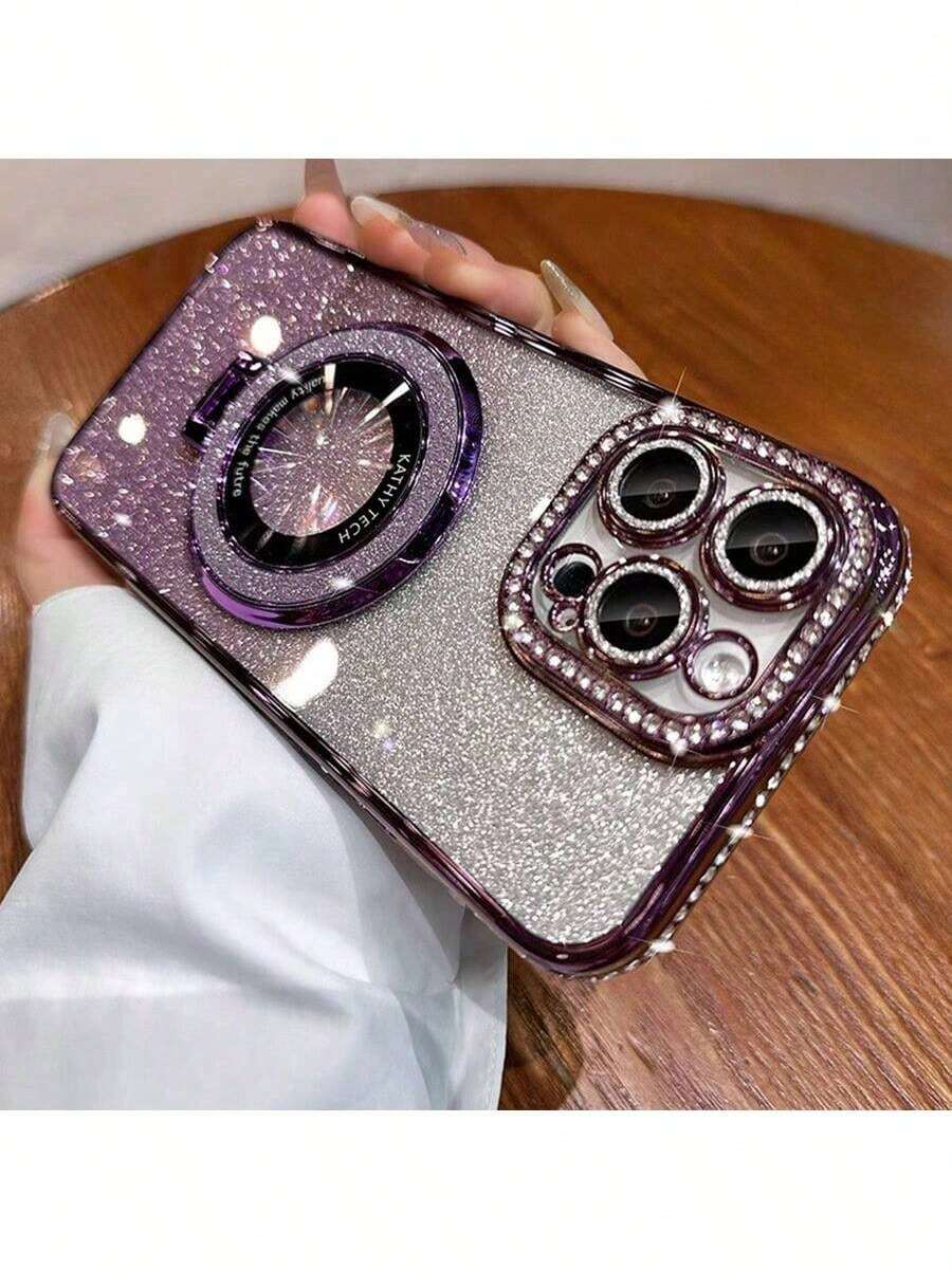 适用于 的镶钻手机壳，带磁吸支架 - 全方位保护，防震，防刮，时尚设计 - 兼容 17/16E/15/14/13/12/11/X/XS Max/XR/Pro Plus/Galaxy/Honor/OPPO - 紫色 - 查看 1