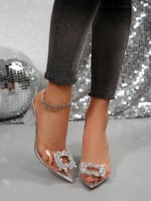 Tacones de aguja transparentes para mujer, tacones altos elegantes para todas las estaciones, decoración para bodas y fiestas, material de plástico y goma duradero, con adornos de cristal, zapatos de noche exquisitos - Plateado - Ver 1