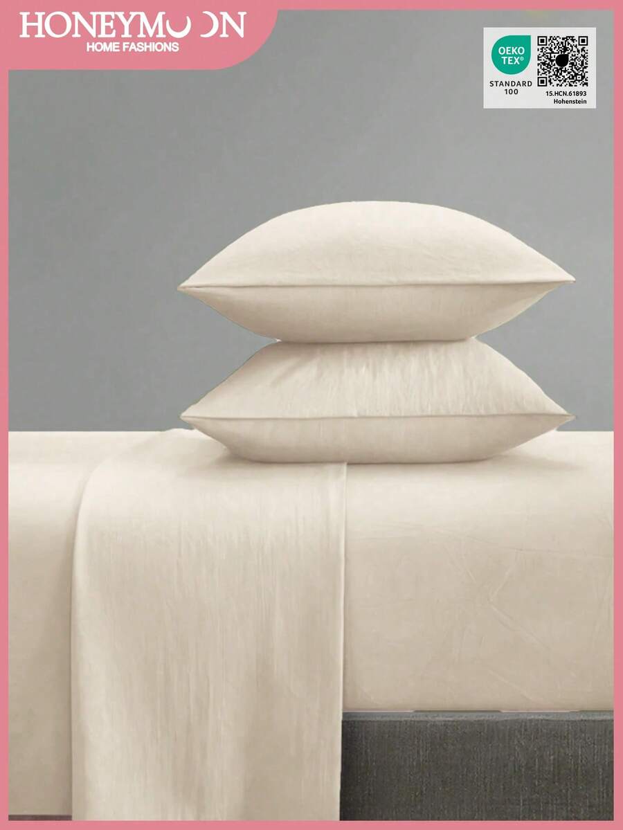Juego de sábanas y fundas de almohada de 3/4 piezas con bolsillo profundo de 10 pulgadas, sábana plana*1, sábana ajustable*1, funda de almohada*1/2, sábanas de poliéster refrescantes para durmientes con calor, calidad de hotel de lujo, resistente a la contracción, lavable a máquina, para ropa de cama del hogar y ropa de cama esencial para dormitorios escolares, beige, certificado Oeko-Tex