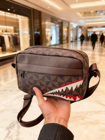 حقيبة مربعة صغيرة فاخرة للرجال، حقيبة كاميرا، حقيبة كتف وحقيبة متقاطعة الجسم، مصنوعة من جلد PU مطبوع، سعة كبيرة، أقسام متعددة، فاخرة وأنيقة، مناسبة للعمل والكاجوال والسفر، مزينة بألوان متباينة، سحاب معدني، طباعة جرافيتي وطبعة سمكة قرش، هدية عيد الميلاد والكريسماس والأعياد، حقيبة يمكن استخدامها من قبل الرجال والنساء، هدية للصديق/الصديقة