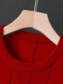 Men's Casual Ribbed Knit Sweater, Round Neck, Minimalist & Fashionable For Everyday Wear - Red - View 3