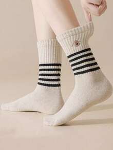 5 Pairs Women's Cute Puppy Jacquard Warm Striped Mid-Calf Socks, Breathable For Autumn/Winter