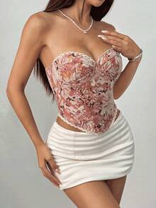 JSE 复古花卉印花不对称蕾丝边浪漫抹胸上衣 - 粉色 - 查看 2