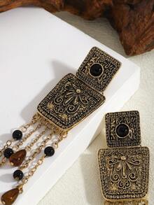 1 par de pendientes cuadrados vintage con borlas talladas, pendientes de aro de metal geométrico con piedras de colores, pendientes largos