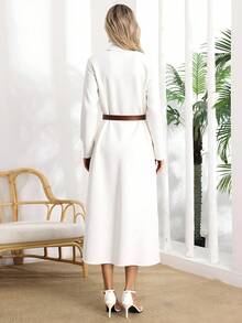 VESTIDO LARGA UNICOLOR PARA MUJER,VESTIDO CAMISERO MANGA ENROLLADA,VESTIDOS CON BOTONES DELANTEROS Y CINTURÓN - Blanco - Ver 2