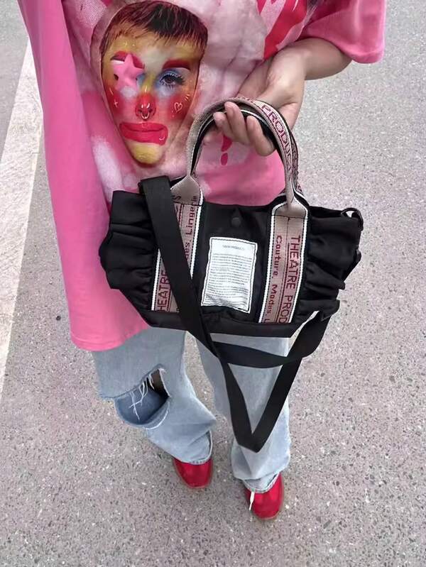 Women's Handbag With Chinese Embroidery And Jacquard, Lightweight Small Top Handle Bag, Phone Pouch, Fashion Patchwork With Ruffle Trim, Adjustable Shoulder Strap, Versatile For Shopping, Casual, Commuting, Holiday Party, Gift