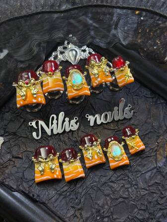 10pcs Short DuckbillFake Nail Set, Handmade Nail ArtStickers,3D Three-Dimensional Nail Rhinestone Accessories,Colorful Shiny Nail Gems, Hand-PaintedZebra Pattern French Press-On Nails,Dopamine Color Smudge Summer Winter Nails Romantic Yellow&Orange Tie Dye Design Wearable NailArt Set Suitable For Women To WearDaily Parties (With: A Piece Of JellyGlue And A Friction Strip) Nail SuppliesNails