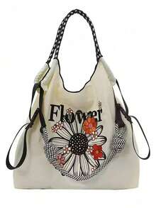 1 件时尚百搭刺绣花卉撞色手提包，轻便通勤尼龙可折叠购物袋 - 彩色 - 查看 17