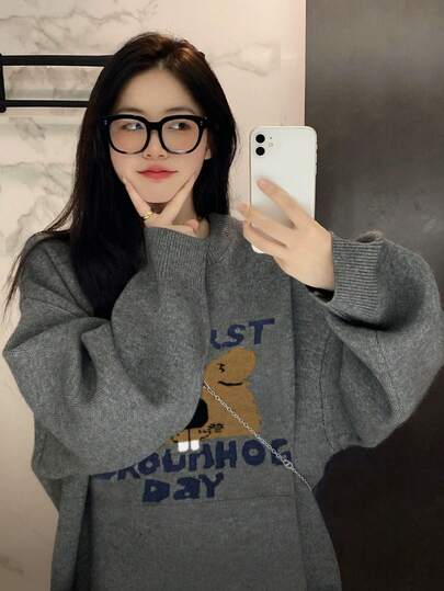 Korean Style Slouchy Knit Sweater For Women, Winter New Loose Warm Thick Pullover Top With Bear Jacquard, Double-Sided Jacquard Letter Design, Grey, Suitable For Christmas, Halloween, New Year