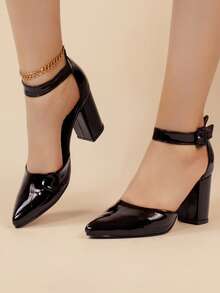 Zapatos de tacón alto negros para mujer con detalle de hebilla y punta, diseño de tacón alto.  Zapatos de tacón alto de mujer con punta afilada en corte en V, versátiles y sencillos, ideales para el trabajo, citas, fiestas, Halloween, Navidad, Año Nuevo y San Valentín, color negro Zapatos de tacón monocromáticos, simples y elegantes, hechos negro brillante, con tacón, adecuados para ocasiones profesionales y formales, apropiados para mujeres, modernos y adorables, cómodos y prácticos, ideales para oficina, reuniones o uso en el hogar. - Negro - Ver 6