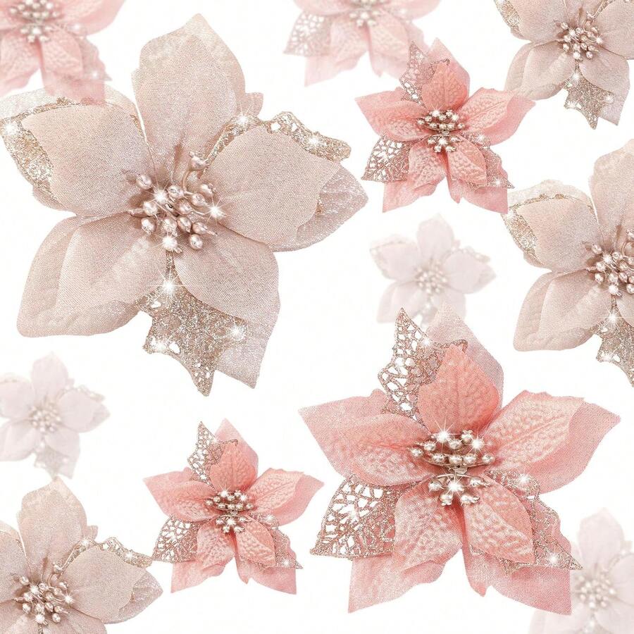 24 Pieces Christmas Artificial Glitter Poinsettia Flowers Xmas Flowers Wedding Christmas Tree New Year Ornaments(Champagne),26173578 - 香檳色 - 查看 1