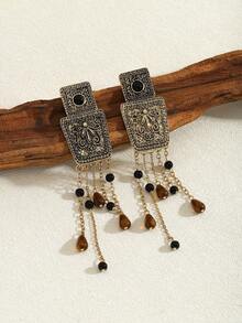 1 par de pendientes cuadrados vintage con borlas talladas, pendientes de aro de metal geométrico con piedras de colores, pendientes largos