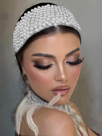 1pc Elegant White Faux Pearl Bridal Wide Headband Hair Accessory, Suitable For Wedding, Daily, Party, Holiday, Christmas Outfit And Hairstyle Decoration