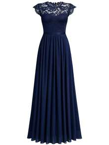 MIUSOL Elegant Women's Floral Lace Chiffon Maxi Dress With Cap Sleeves, Contrast Waist, A-Line Pleated Flowing Hem, For Wedding Guest, Evening Party, Formal Event Or Prom - 藏蓝色 - 查看 7