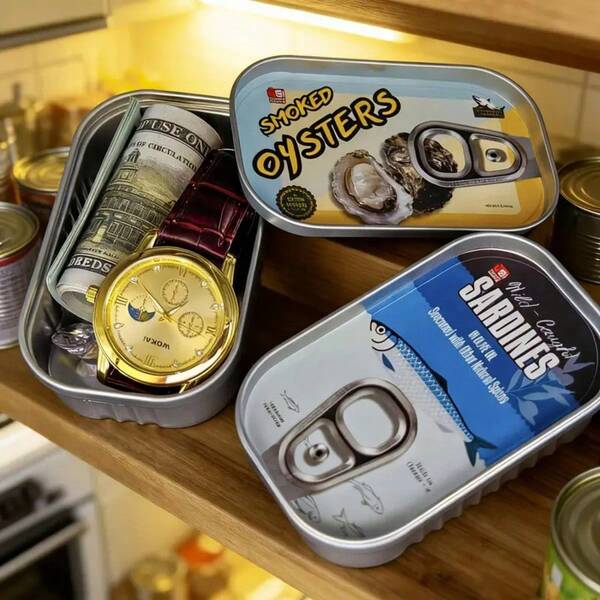 [Fun Fish Can-Shaped Box] 1pc Fun Fish Can-Shaped Metal Storage Box | Piggy Bank & Secret | Jewelry, Currency, Memory Cards, Medicines | 2 Designs: Sardine And Oyster | Home Organization, Playful Decor, Sturdy Construction, Durable , Gift Idea