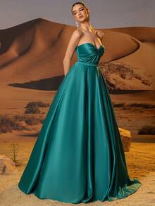 Satin Strapless Prom Dresses With Twist Corset Elegant A Line Floor Length Formal Evening Party Gown For Women Sleeveless Homecoming Dresses For Teen Lace Up Back Ball Gown - Dark Green - View 6