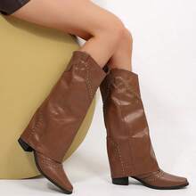 PENNYSUE Women Knee High Boots Pointed Toe Chunky Heel Boots Motorcycle Riding Pull-On Fashion Long Biker Boots For For Spring And Autumn - màu nâu - Xem 4