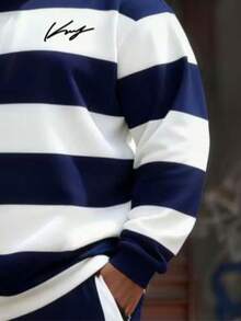 Plus Size Men's Striped Colorblock & "King" Letter Print Hoodie Set, Casual Patchwork Long Sleeve Top And Pants Tracksuit For Daily Wear And Outdoor Exercise - Multicolor - View 5