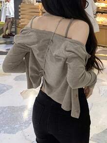 2 件套：女士休闲背心和圆领开衫，秋季 - 卡其色 - 查看 4