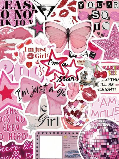 50pcs Pink Stickers, Y2K Aesthetic Stickers, Y2K Urban Style Stickers, Y2K Retro Gift Stickers, Waterproof Vinyl Stickers Suitable For Envelopes, Water Bottles, Computers, Laptops, Phones, Luggage, Notebooks, Refrigerators, Etc.