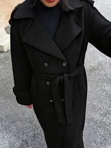 DEEKA 秋冬新款女士时尚经典双排扣风衣外套 黑色 - 黑色 - 查看 4