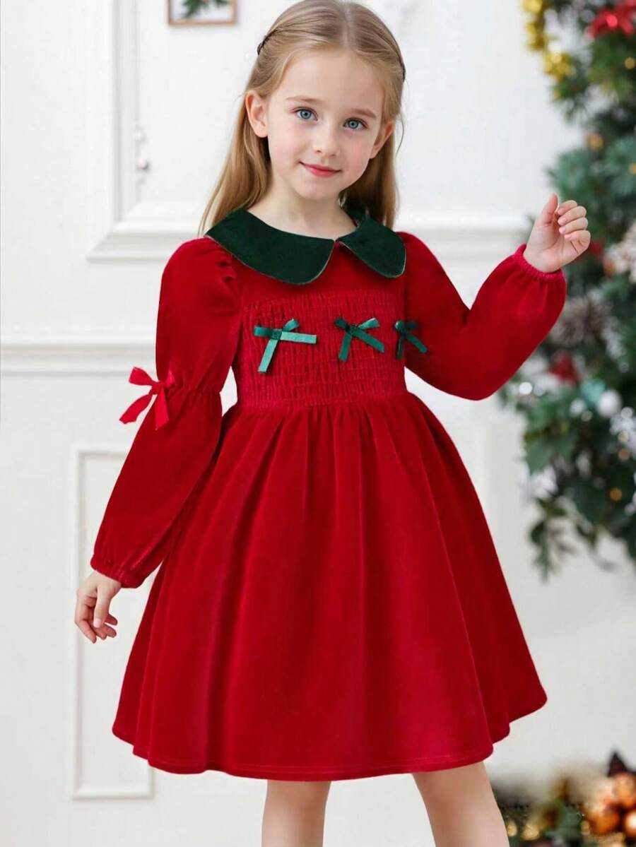 Girls Vintage Peter Pan Collar Dress With 3D Bow Decor, Long Sleeve, Suitable For Outings, Christmas Parties, And Daily Wear, Autumn - Red - View 1