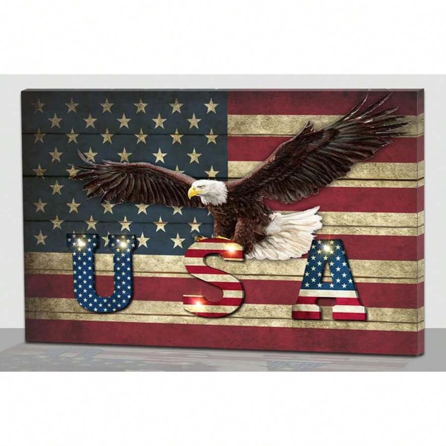 2025 Christmas Canvas Wall Art Print 12" X 16" With Timer | LED Lighted Design - Elang AS Bendera Amerika - View 1