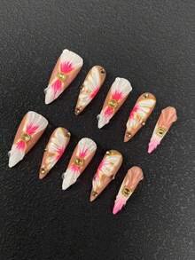 10 bucăți de unghii lucrate manual, flori, presare, unghii cu toc înalt subțire de 33 mm, gradient de unghii, pictate manual, tehnologie de sculptură tridimensională multicoloră, decorare multicoloră, insecte, multifuncționale, potrivite pentru femei, trei mărimi disponibile, potrivite pentru diverse ocazii, petreceri, dans și uz zilnic. - Multicolor - Vizualizare 2