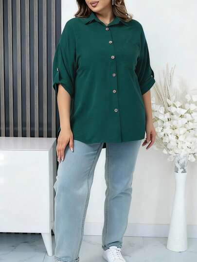 大码女式休闲纯色单排扣口袋长袖衬衫，简约通勤，适合春秋季日常时尚上衣