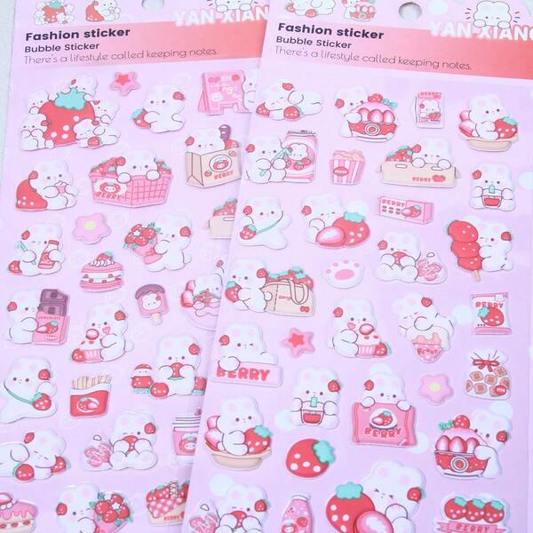 Pegatinas de dibujos animados de conejito de fresa rosa 3D, pegatinas de animales lindas para niños, pegatinas de recompensa educativas hechas a mano, color y estilo aleatorios