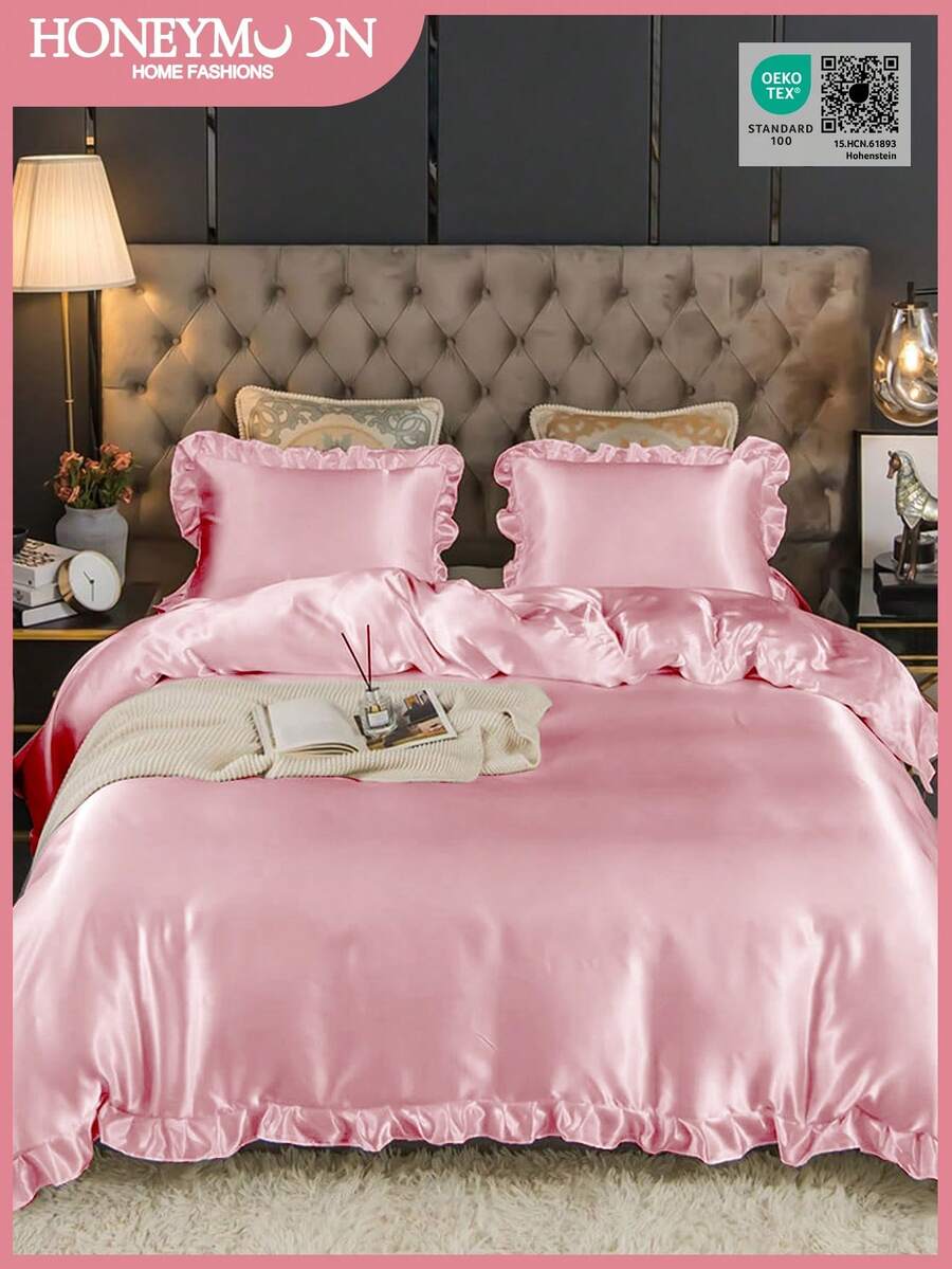 2/3pcs Satin Ruffled Duvet Cover Set, Ruffled Tassel Duvet Cover Set, Solid Retro Luxury Farmhouse Style Bedding Set, 3pcs Boho Ruffled Tie Duvet Cover Set (Comforter Not Included). Perfectly Fits Twin, Full, Queen, King Size Beds. Suitable For Home Bedding, Dorm Supplies And Christmas Decor. - Pink - View 1