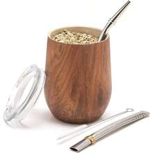 Modern Mate Cup And Bombilla Set Yerba Mate Cup - Yerba Mate Set Includes Double Walled 18/8 Stainless Steel Mate Tea Cup, Two Bombilla Mate Straw And A Cleaning Brush 12 Oz, Wood