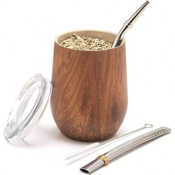 Modern Mate Cup And Bombilla Set Yerba Mate Cup - Yerba Mate Set Includes Double Walled 18/8 Stainless Steel Mate Tea Cup, Two Bombilla Mate Straw And A Cleaning Brush 12 Oz, Wood