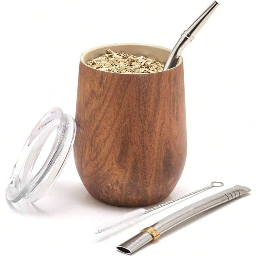 Modern Mate Cup And Bombilla Set Yerba Mate Cup - Yerba Mate Set Includes Double Walled 18/8 Stainless Steel Mate Tea Cup, Two Bombilla Mate Straw And A Cleaning Brush 12 Oz, Wood