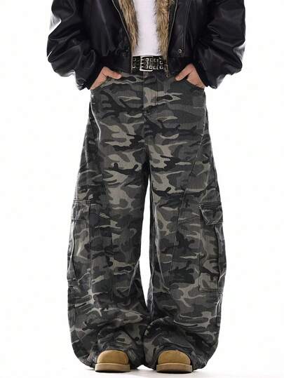 1pc Vintage American Brand Patchwork Men's Camouflage Cargo Pants, Loose Fit Comfortable Multi-Pocket Wide Leg Trousers (Belt And Accessories Not Included)