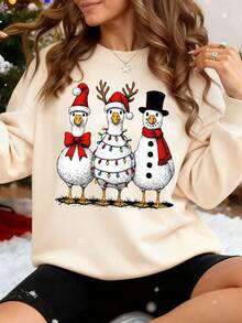 女士圣诞鸭子印花长袖圆领卫衣，保暖内衬罗纹针织套头衫，常规长度，适合冬季假期穿着 - 杏色 - 查看 3