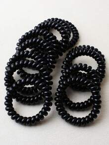 8个/12个螺旋发圈，大号黑色无缝发带，高弹力简约纯色橡皮筋，女士发绳，马尾辫发圈，发圈，发绳 - 黑色 - 查看 1