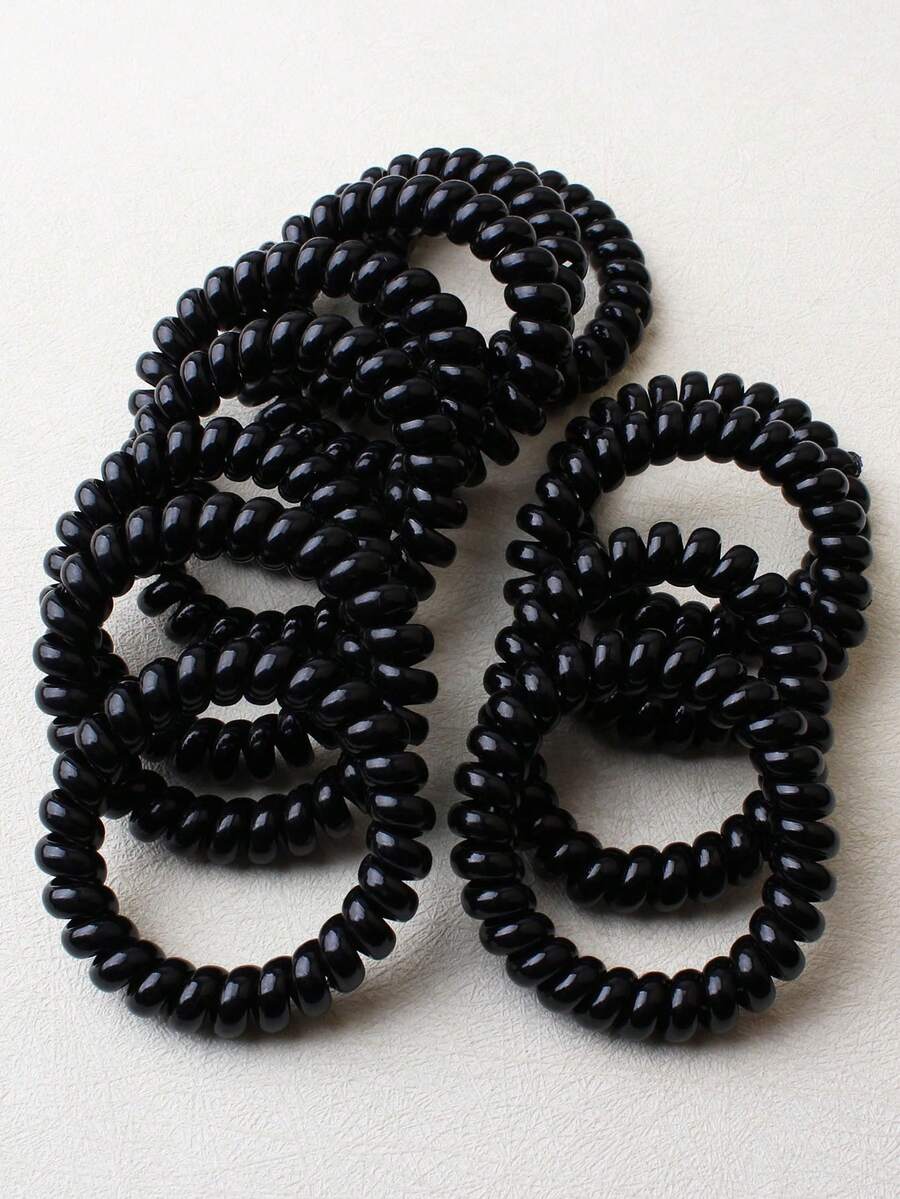 8个/12个螺旋发圈，大号黑色无缝发带，高弹力简约纯色橡皮筋，女士发绳，马尾辫发圈，发圈，发绳 - 黑色 - 查看 1