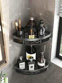 2 pezzi Mensola da bagno a parete di grande capacità, senza bisogno di foratura, salvaspazio, facile installazione, può contenere articoli da toeletta, cosmetici, shampoo e bagnoschiuma, materiale in plastica resistente, portaoggetti da doccia - nero - Visualizzare 5