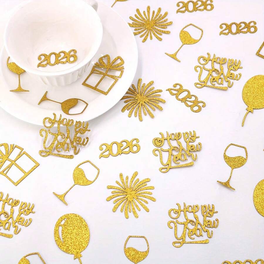 100片装，闪亮金色银色2026新年快乐烟花气球酒杯礼品桌饰五彩纸屑，2026新年装饰五彩纸屑，新年快乐贴纸，周年纪念五彩纸屑，除夕五彩纸屑，新年五彩纸屑 - 彩色 - 查看 1