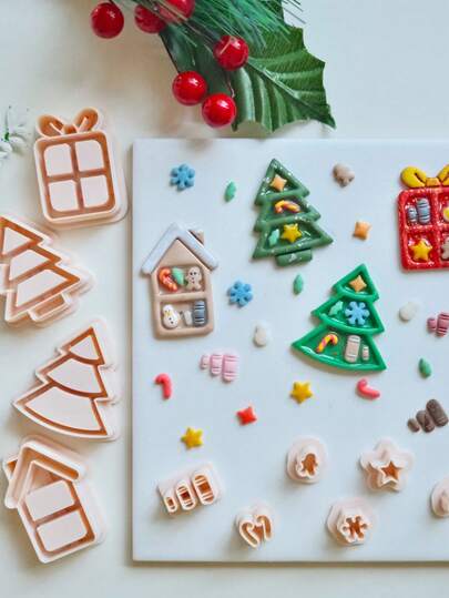 Christmas Series Jewelry Making Kits, Embossed Bookshelf Polymer Clay Cutters For Earrings & Jewelry Making, Debossing Tree Gift Box House With Snowman Star Leaf Gingerbread Man Crutch Snowflake Pattern Clay Molds For Pendant & Necklace Maker, Gift For Book Lovers, Book Earrings