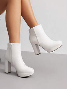 Women's Chunky Shaft High Heel Ankle Boots Round Toe With Side Zipper - White - View 2