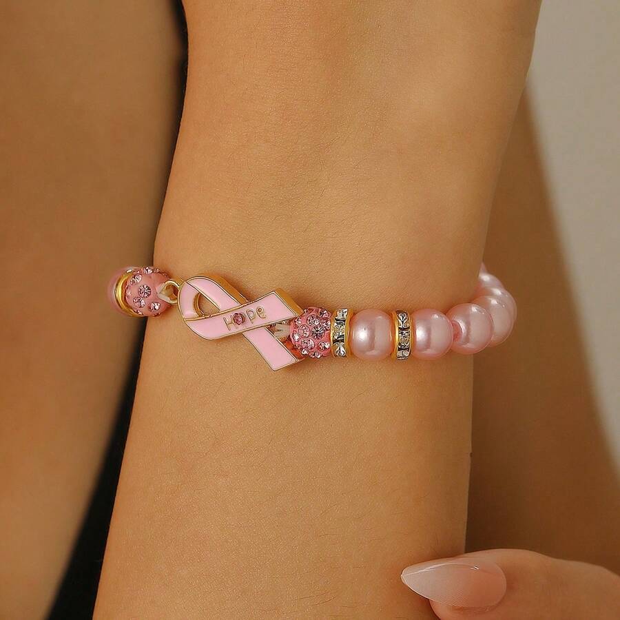 1pc Pink Ribbon Breast Cancer Awareness Faux Pearl & Rhinestone Beaded Bracelet, Suitable For Daily Wear Or Holiday Gift - Kiểu G-556 - Xem 1