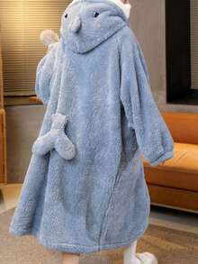 Women's Coral Fleece Robe, Comfortable Shark Theme, Cute Design, Plus Size Available, Thick & Warm For Winter, With Pockets, Soft Flannel Fabric, Essential For Christmas, Girls & Women Sleepwear, Best Gift For Her, Family, Friends - Multicolor - View 4