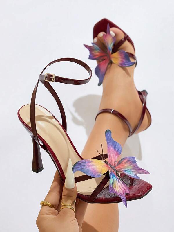 Women's High Heel Sandals With Colorful 3D Butterfly Design, Adjustable Ankle Strap, Square Toe, Metallic Finish, Comfortable Material, Suitable For Spring/Summer Occasions Like Parties, Travels, Commuting, Shopping, Galas, Weddings, Elegant And Fashionable