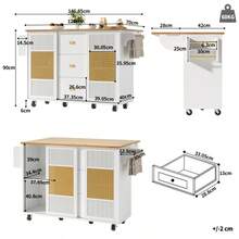 Kitchen Island, Kitchen Furniture, Freestanding Kitchen Cabinet, Buffet Cabinet, 120 X 73 (45) X 90 Cm, Extendable Kitchen Trolley With Wheels, Towel Rail, Spice Rack, Adjustable Shelves, White - White - View 3