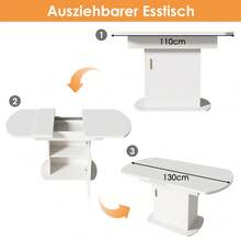 Ausziehbarer ovaler Esstisch, L 110/130 x B 70 x H 75 cm, Esstisch mit Stauraum, Beistelltisch, moderner minimalistischer Esstisch, multifunktionaler platzsparender Esstisch, Griffe in Weiß und Gold