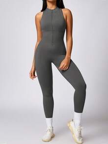Yefecy 1 bộ đồ liền thân tập yoga có khóa kéo dành cho nữ, cổ cao, không tay, có gân, áo liền quần thể thao - Màu xám đen - Xem 6