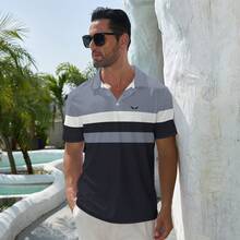 男士短袖 Polo 衫，时尚轻便 Polo 衫，条纹休闲纽扣 Polo 衫 - 彩色 - 查看 5